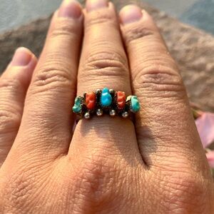 Turquoise and Coral Silver Native American Ring